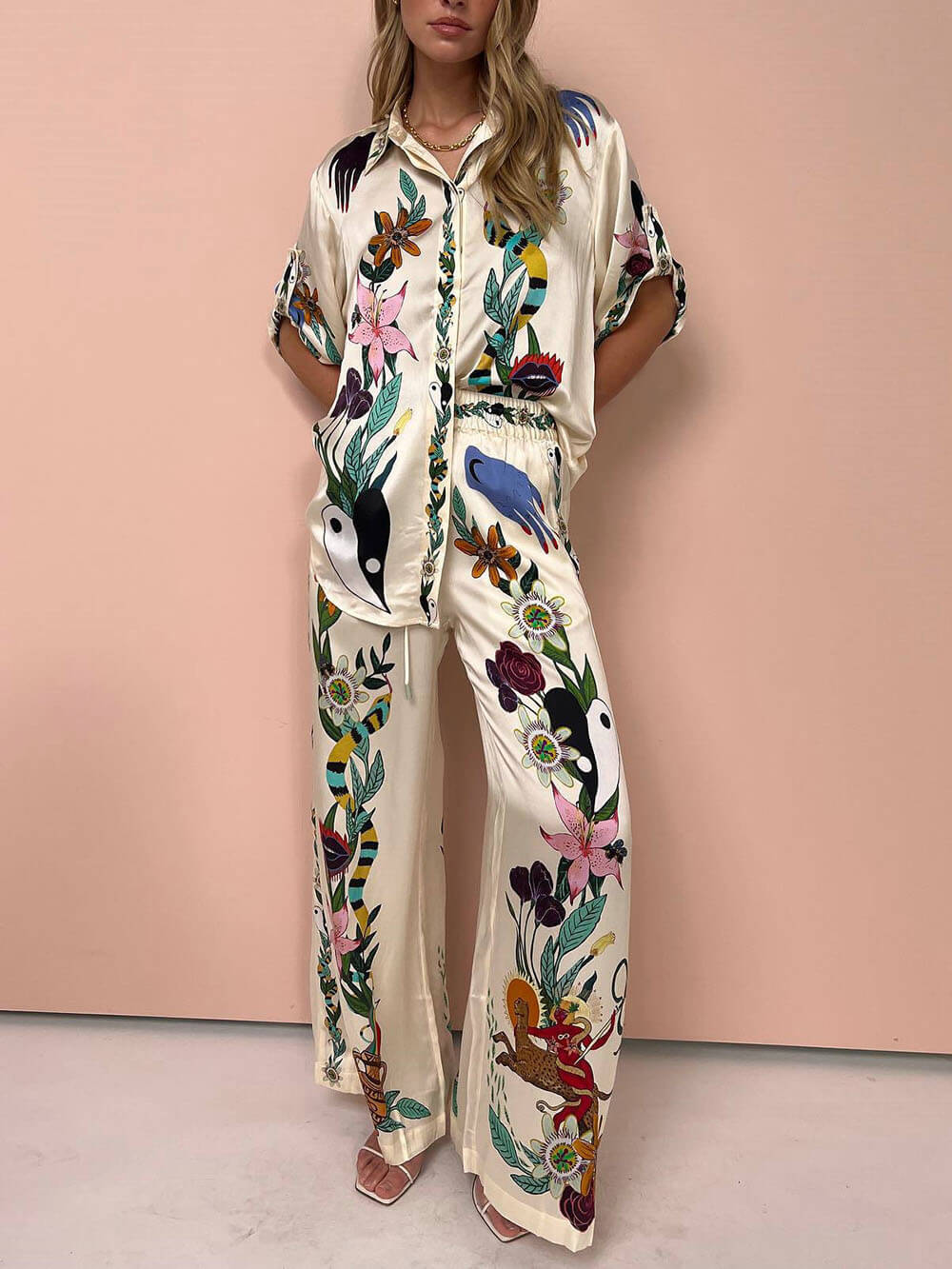 Satin Einzigartiger Druck Elastischer Bund Mit Taschen Weite Beinform Hose