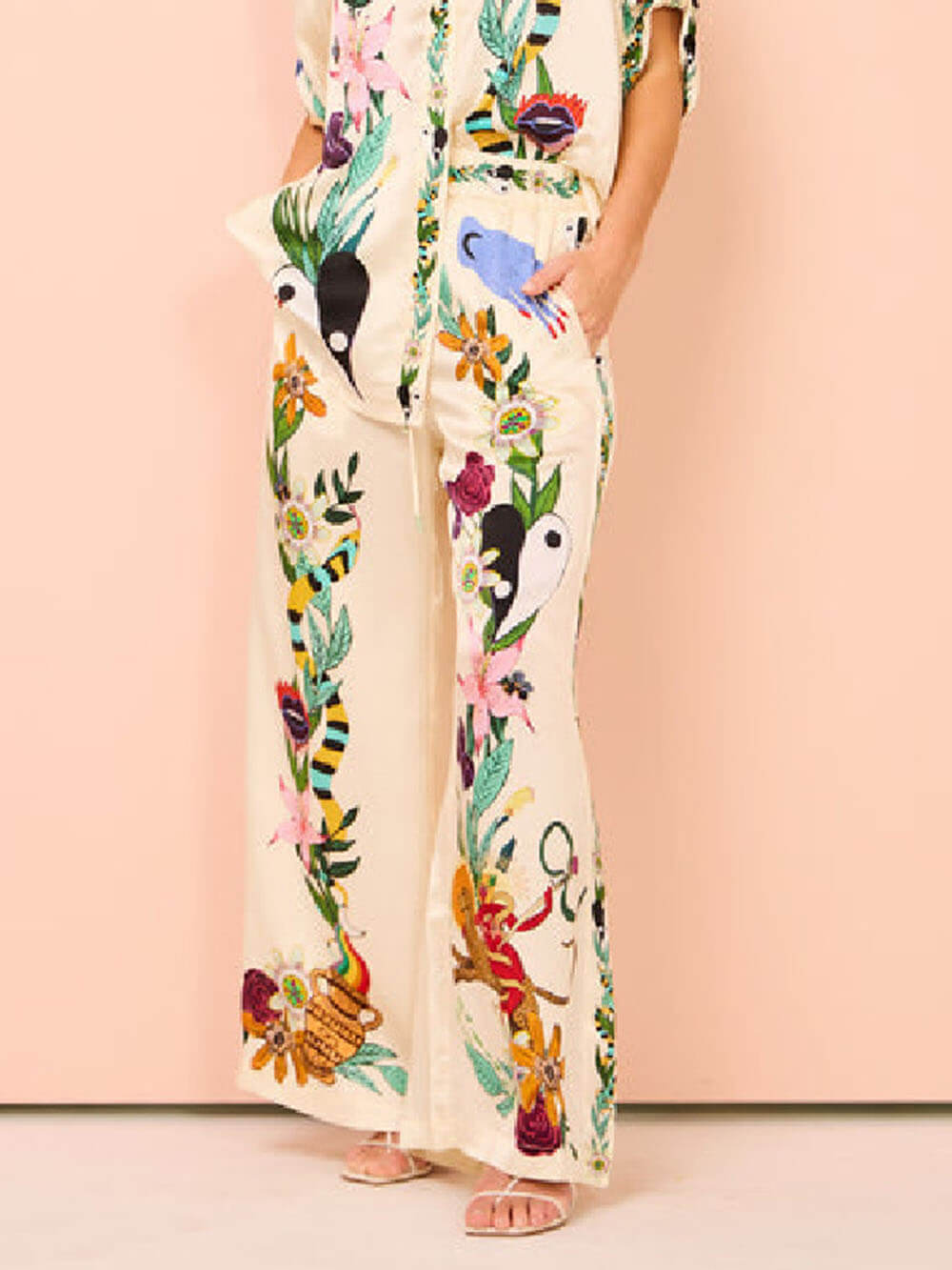 Satin Einzigartiger Druck Elastischer Bund Mit Taschen Weite Beinform Hose