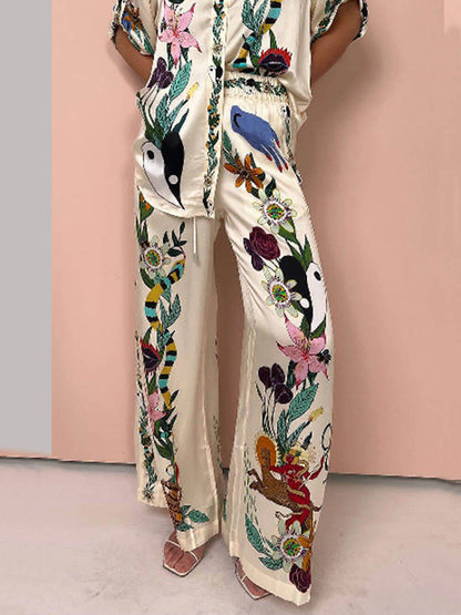 Satin Einzigartiger Druck Elastischer Bund Mit Taschen Weite Beinform Hose