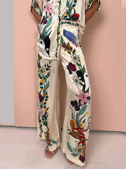 Satin Einzigartiger Druck Elastischer Bund Mit Taschen Weite Beinform Hose