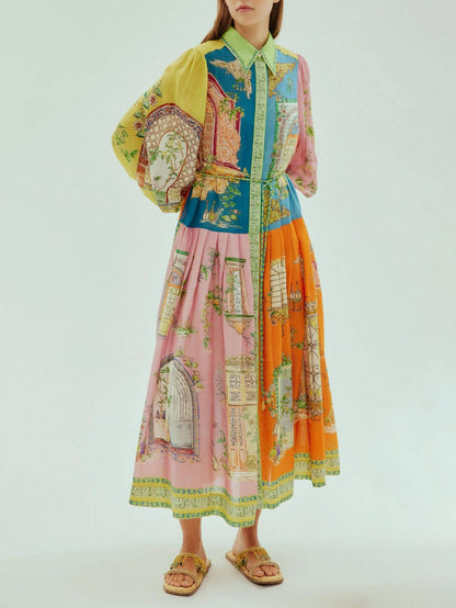 Exquisites Midikleid mit Button-Down-Kragen und Garten-Print