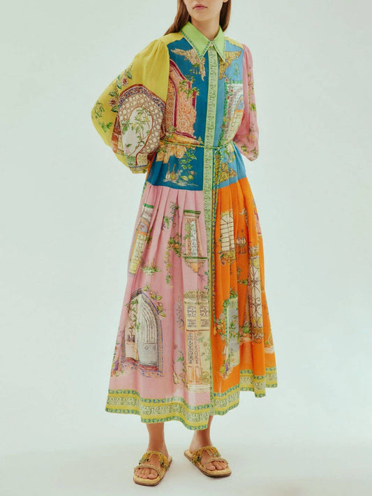 Exquisites Midikleid mit Button-Down-Kragen und Garten-Print
