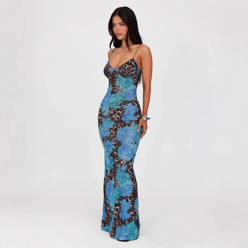 Tiana Blue Jaguar Maxi Dress