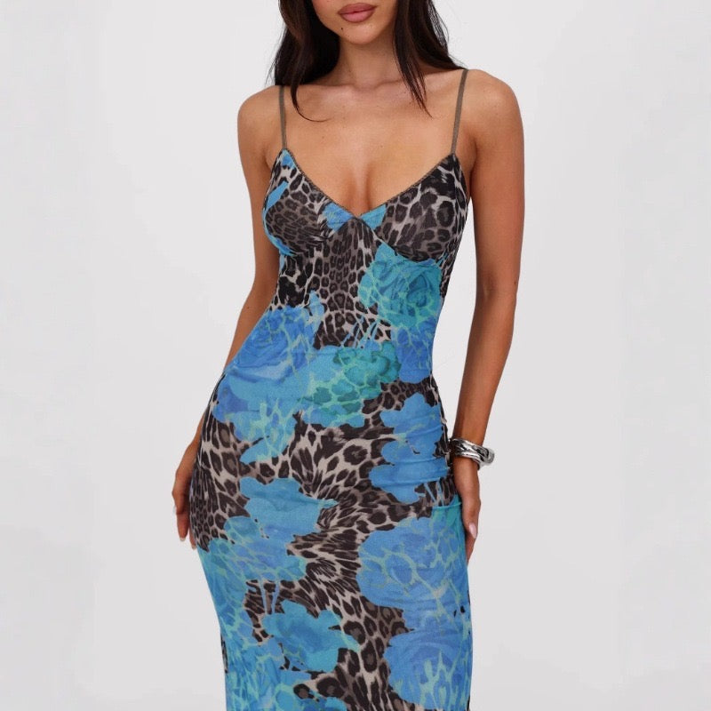 Tiana Blue Jaguar Maxi Dress