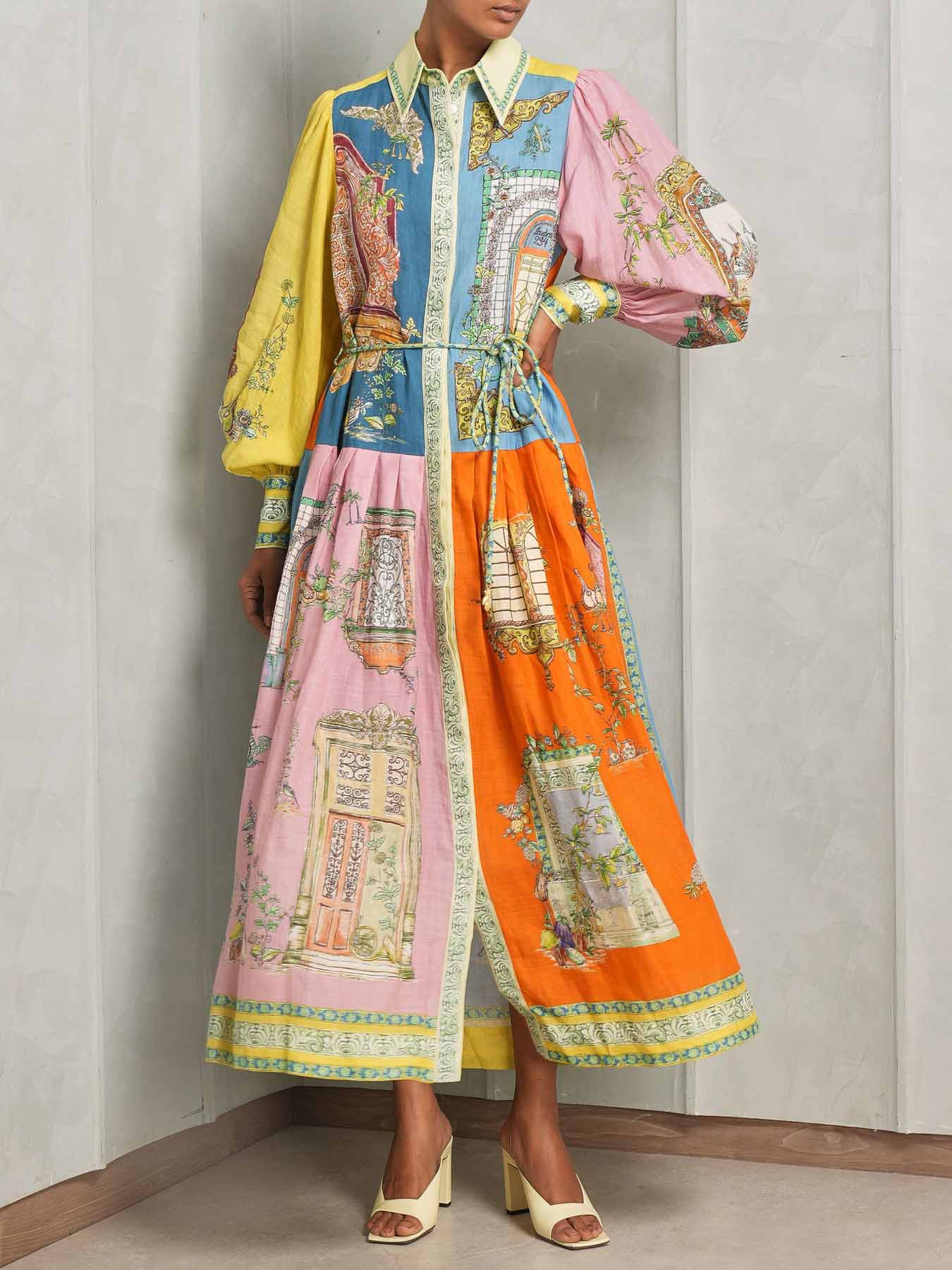 Exquisites Midikleid mit Button-Down-Kragen und Garten-Print